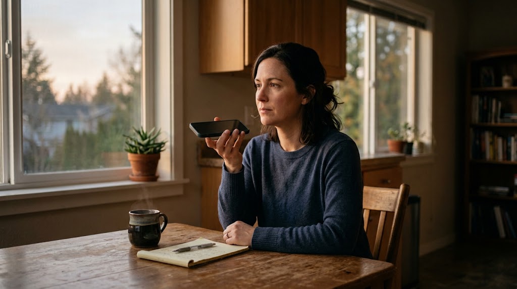 A person sitting at a kitchen table in early morning light holding a phone to record a voice message with a notebook and coffee nearby